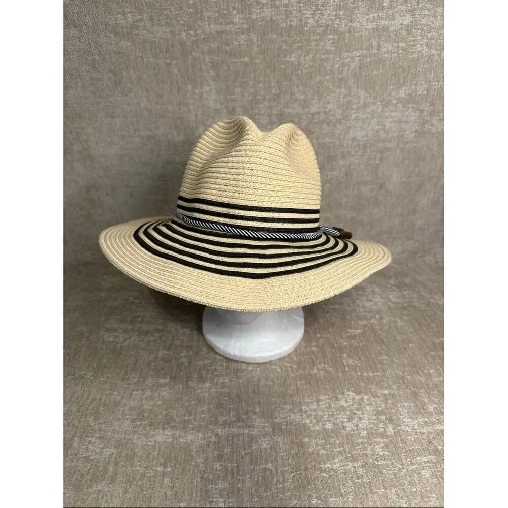 Tommy Bahama Women's Striped Woven UPF 50 Sun Straw Hat Beige Black One Size